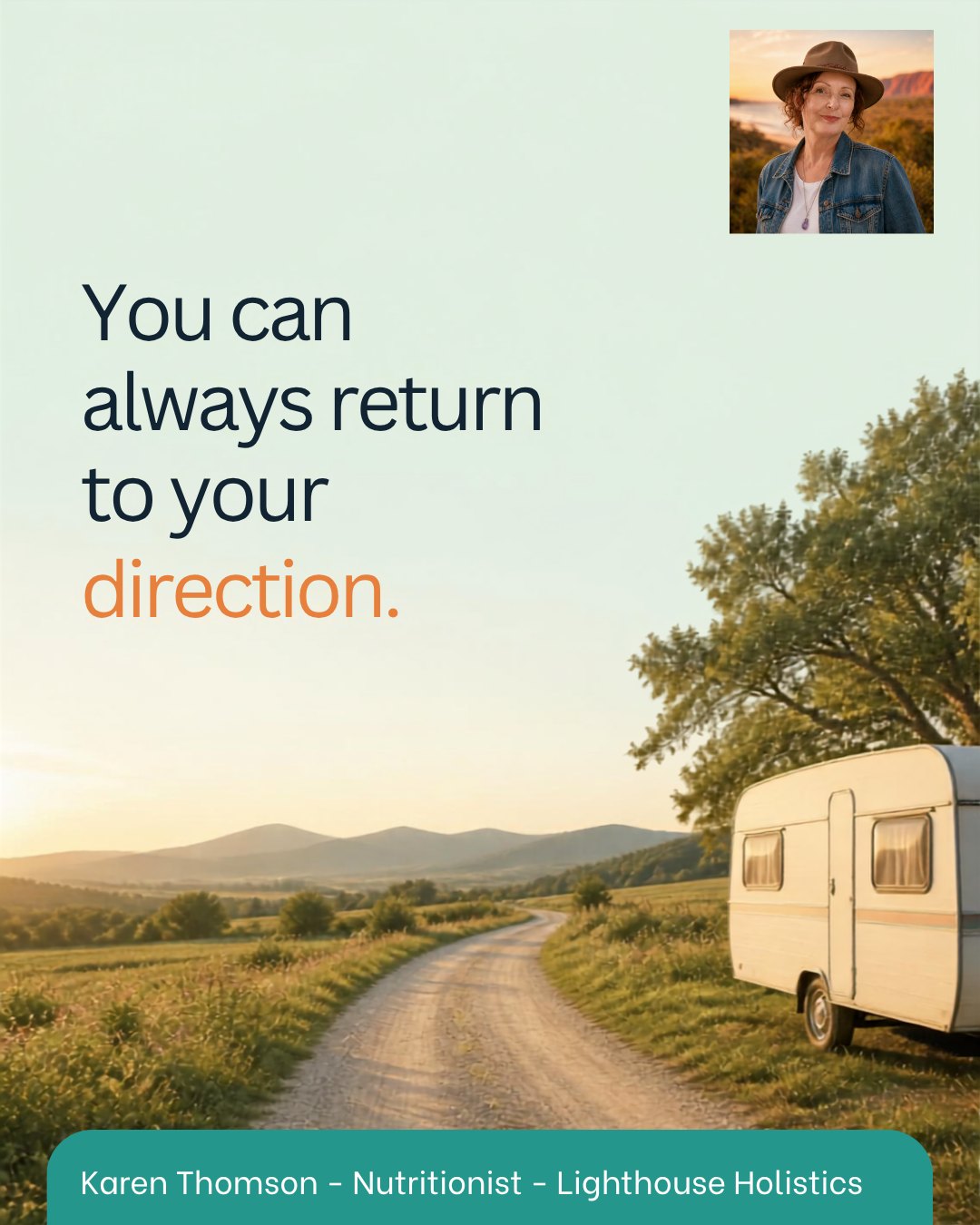 A caravan parked beside a quiet country road at sunrise, with a small photo of Karen in the corner