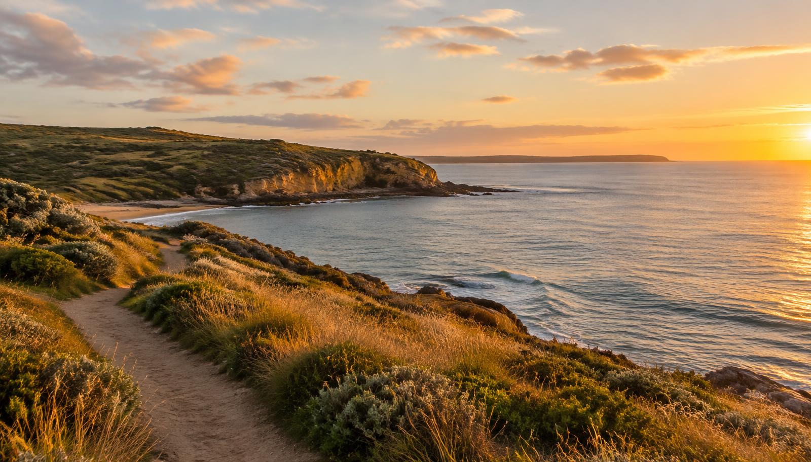 Coastal walking path above a calm Australian bay at sunset