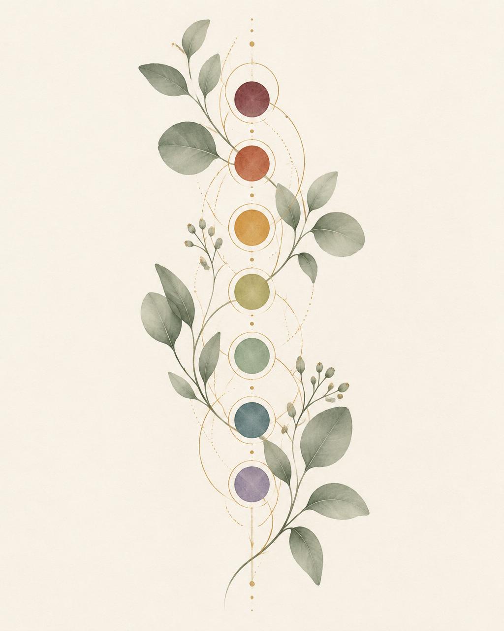 Botanical illustration of seven softly coloured circles woven with eucalyptus leaves